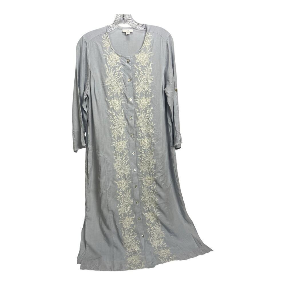 J Jill Dress Size Small Embroidered Button Front 3/4 Sleeve Shirt Dress Viscose